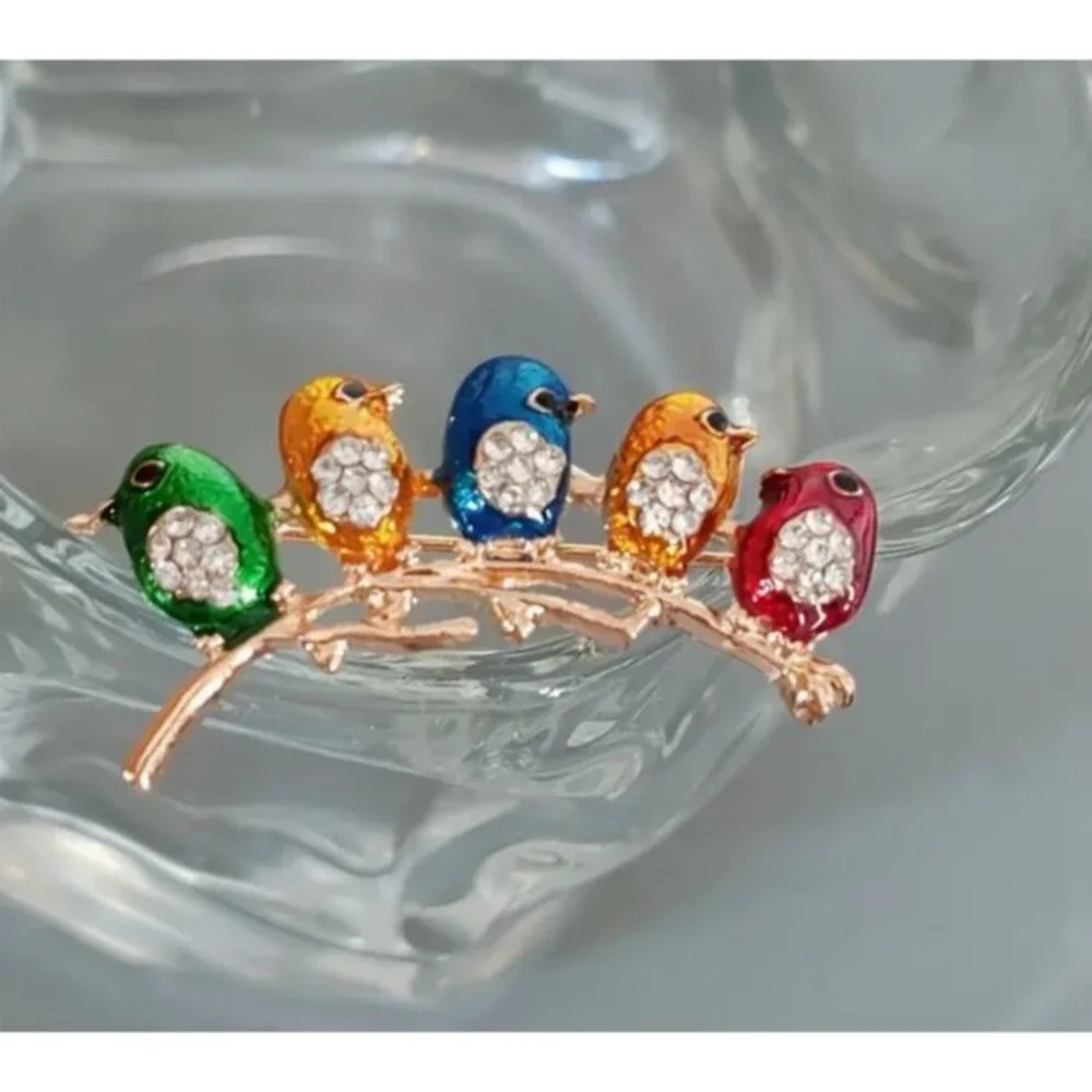 5 Five Bird Birds on a Branch Brooch Pin Blue Red Green Enamel Rhinestones Gold